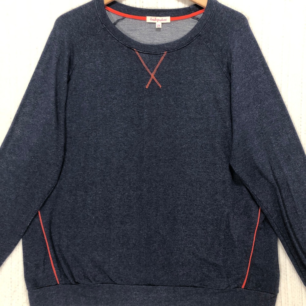 Fresh Produce Womens 2X Navy Blue Raglan Sweatshirt Orange Stitch E482 USA Made